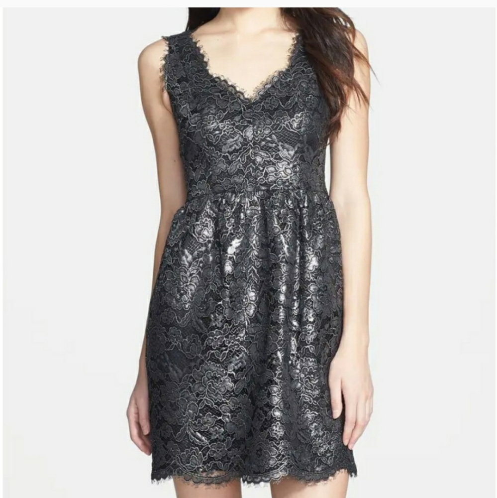 Shoshanna Sierra Foiled Scalloped Lace Party Dress